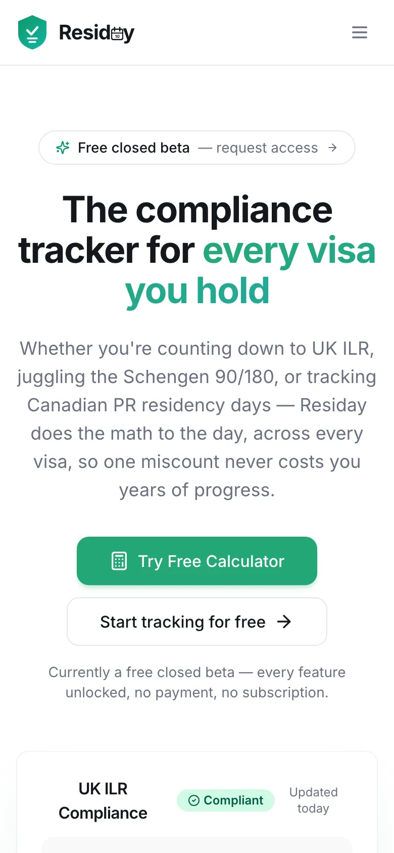 The Residay home page at phone width.