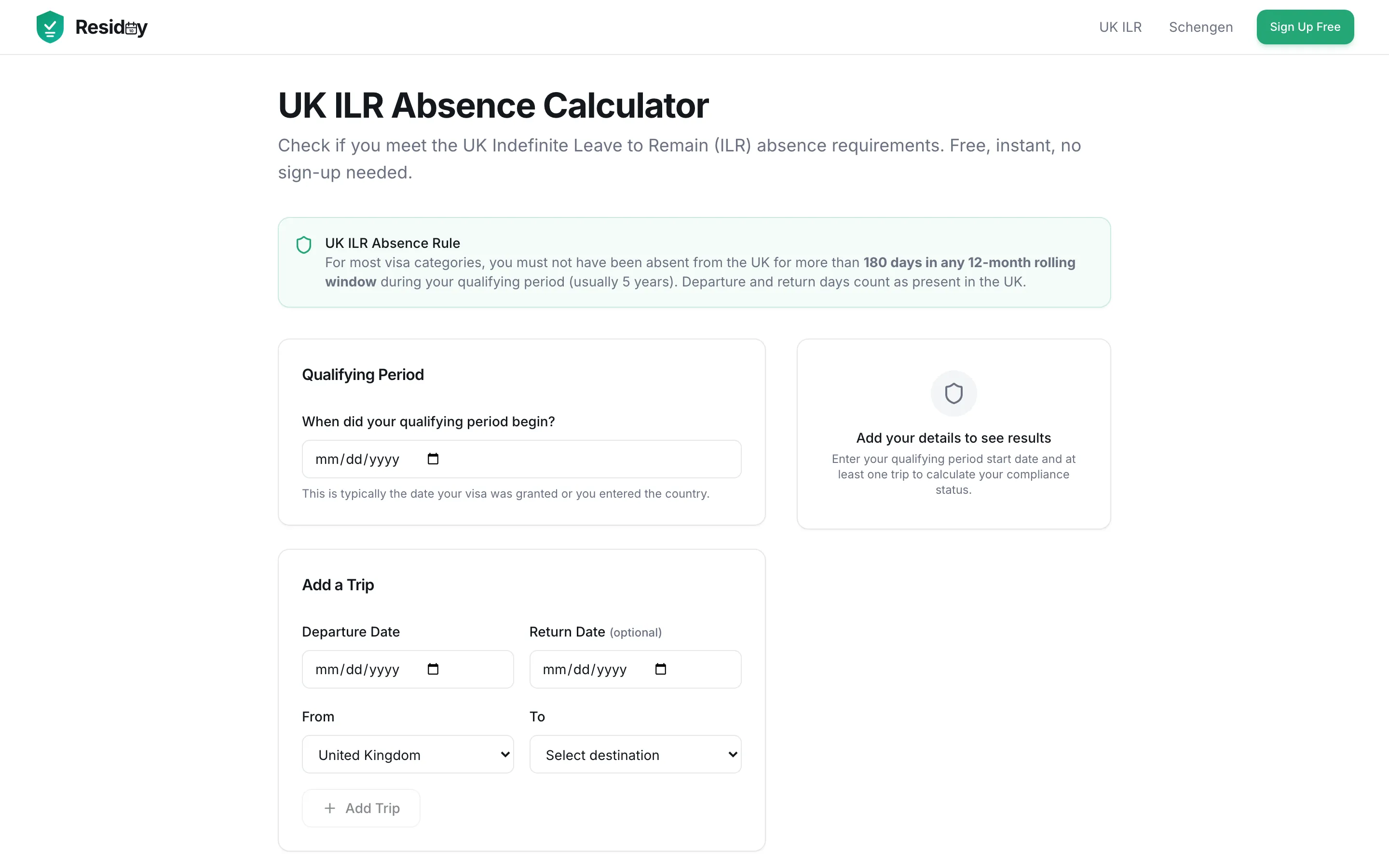 The Residay UK ILR calculator in a desktop browser.